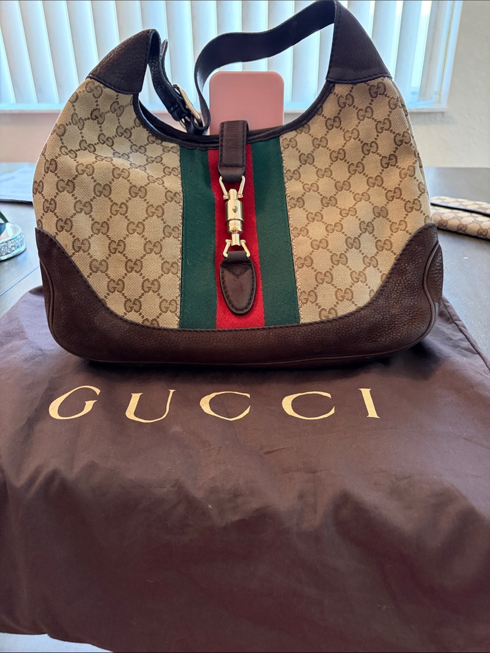 Gucci Brown GG Canvas Shoulder Bag with Green & Red Web Stripe